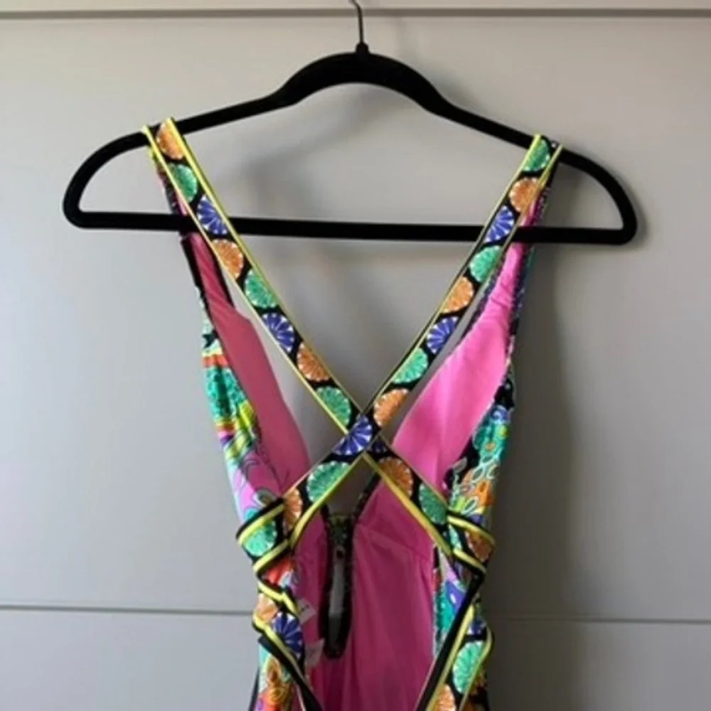 Trina Turk One Piece Swimsuit Womens Sz 8 Multi Psychedelic Strappy Back V-Neck